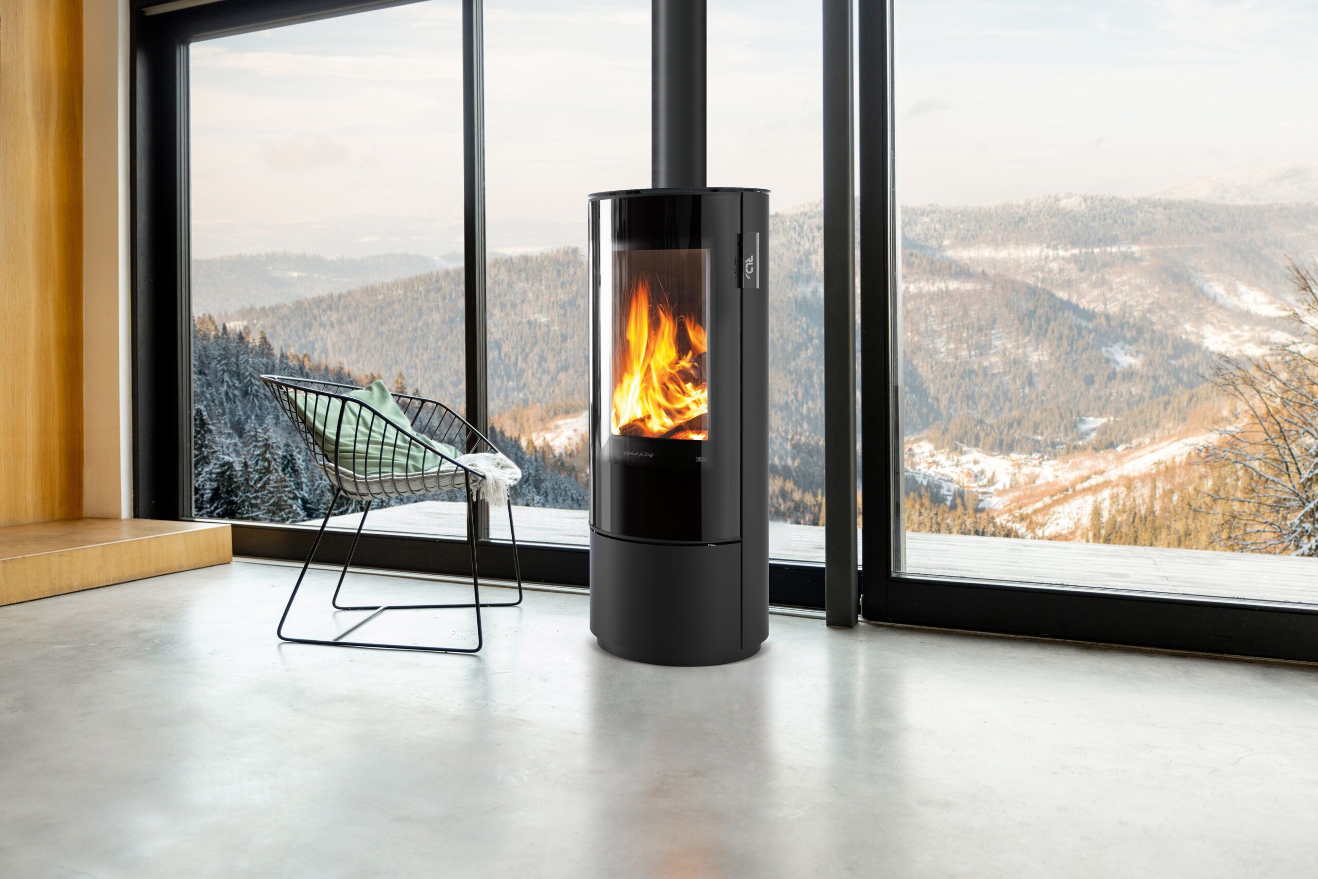 Cozy living room with modern fireplace and panoramic window with great view on the snowy mountains. Concept of rest in houses or cabins on nature. Solitude in nature and escape from everyday life